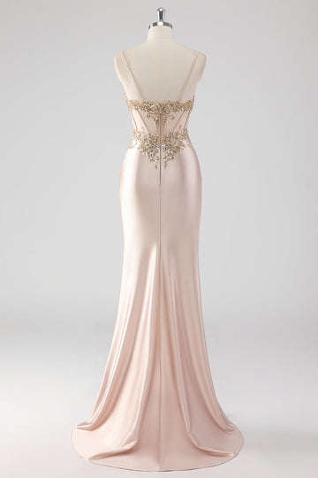 Scintillante Champagne Corsetto Appliques Abito da Cerimonia con fessura